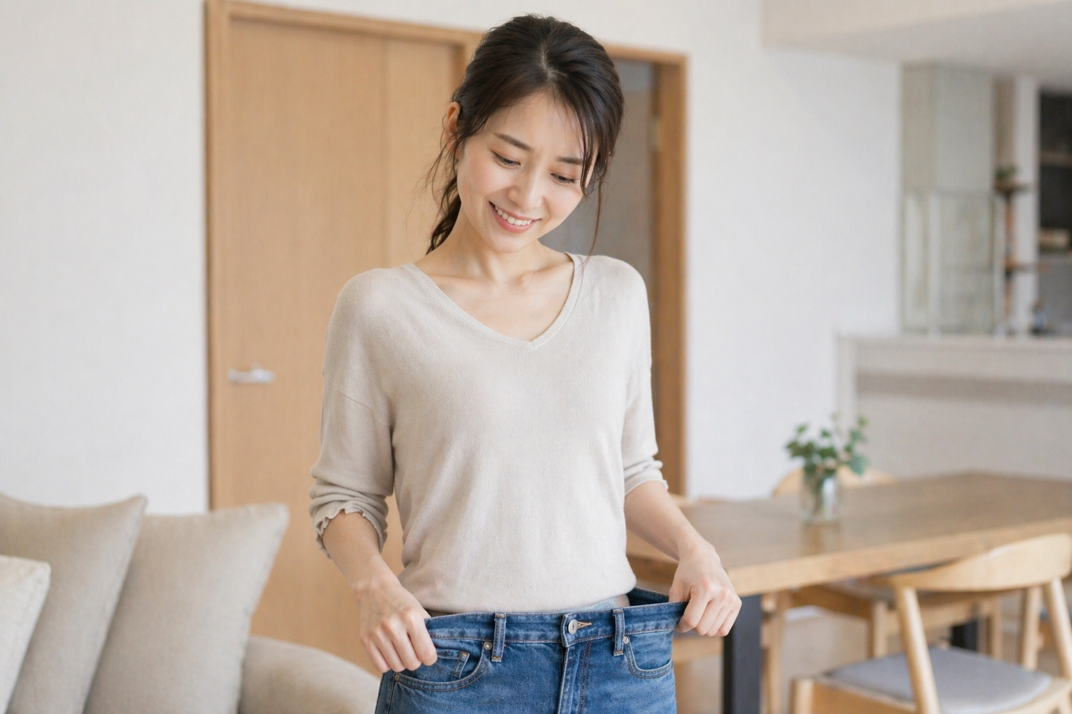 ウエストが細くなったジーンズを確認する女性のイメージ