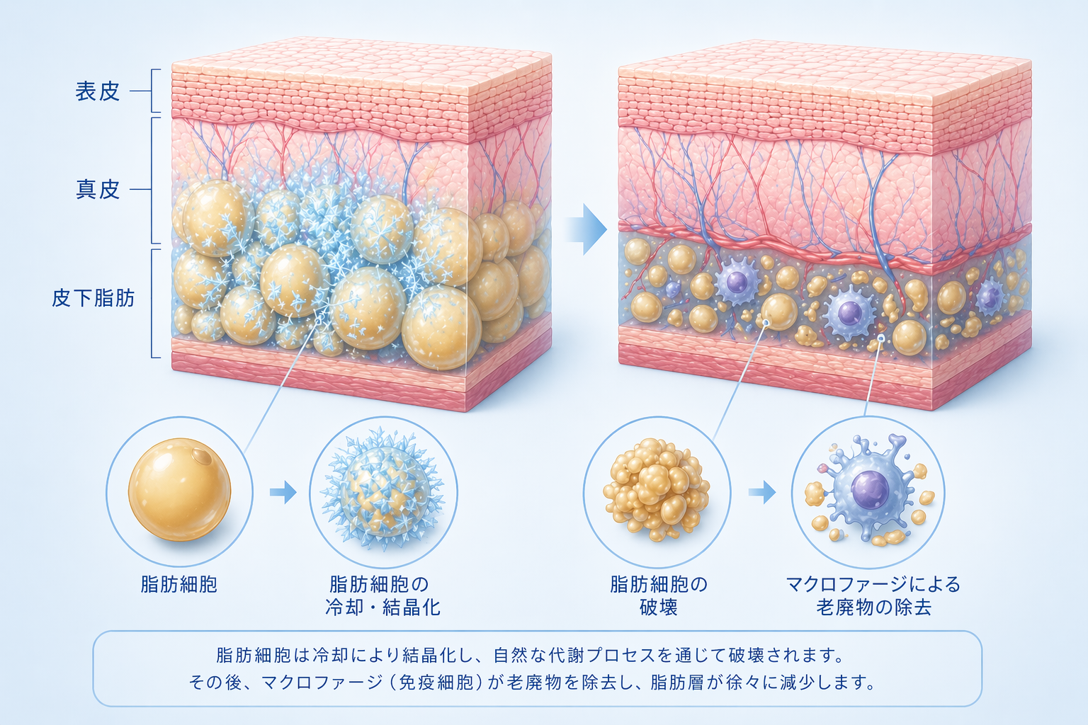 クールスカルプティングによる脂肪細胞冷却・アポトーシスのメカニズム図解